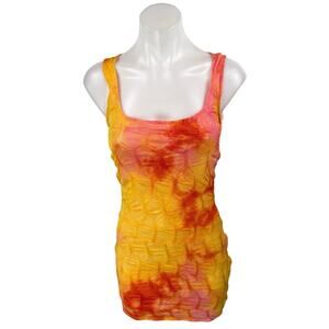 Akira Yellow Coral Textured Tie Dye Sleeveless Cami Tank Mini Bodycon Dress S